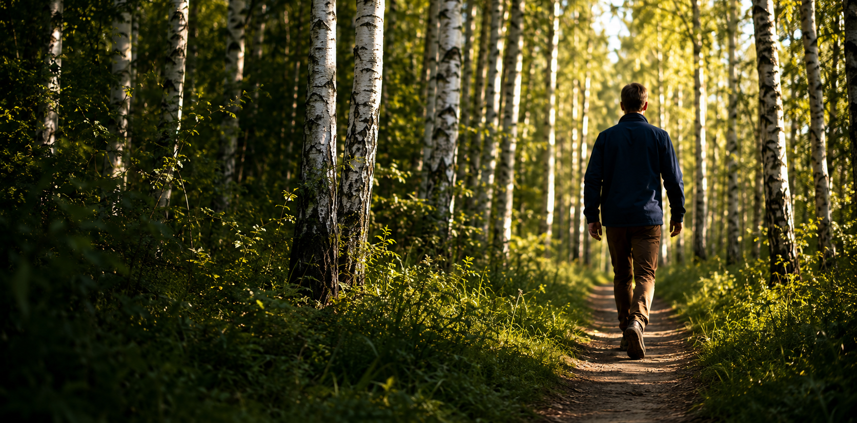 Man hiking away in birch forest about to discover the beauty of hiking in Denmark